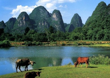 Countryside and Mountains along  the Li River