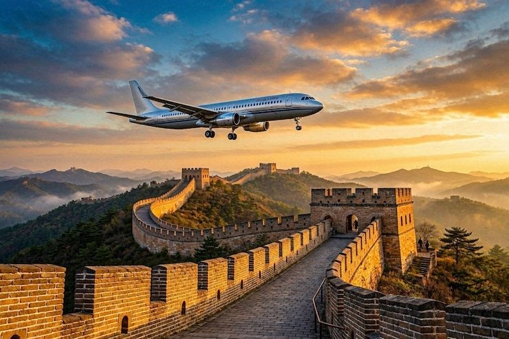 Plane flying over the Great Wall Plane flying over the Great Wall