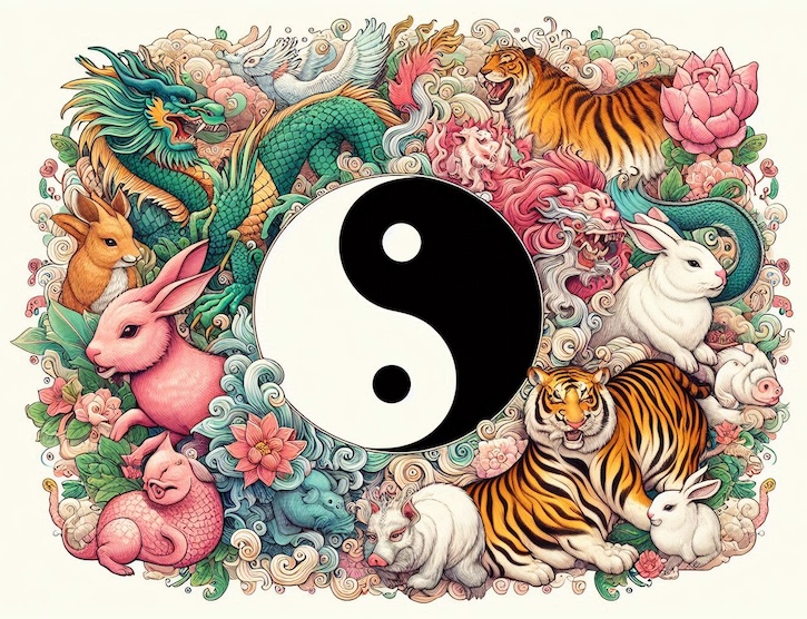 Ying and Yang Symbol and Zodiac Animals